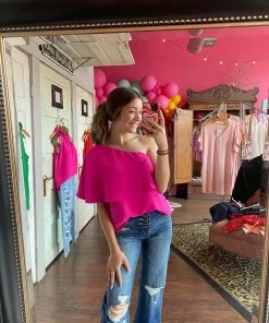 The Pink Leopard New Arrivals One Shoulder Hot Pink Top