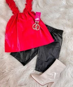 The Pink Leopard Leather Ruffle Tank-Red New Arrivals