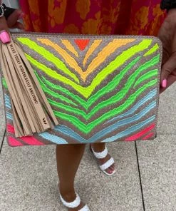 The Pink Leopard CONSUELA- NEON ZEBRA CLUTCH