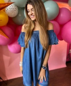 The Pink Leopard Denim Ruffle Dress