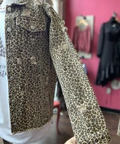 The Pink Leopard New Arrivals Dark Leopard Distressed Denim Jacket