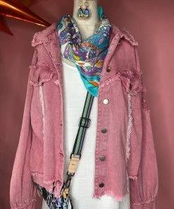 The Pink Leopard New Arrivals Distressed Pink Denim Jacket