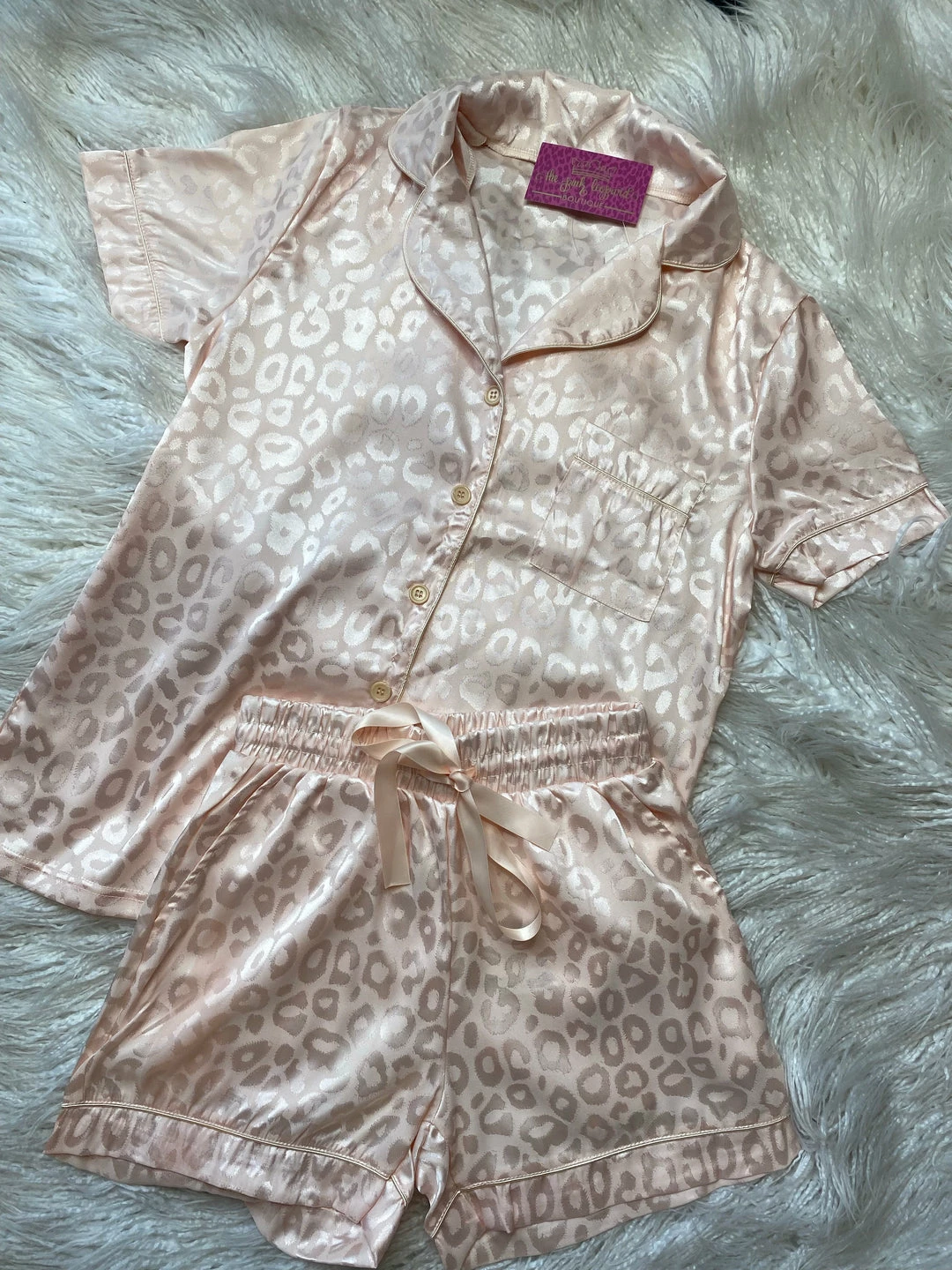 The Pink Leopard New Arrivals Diva Leopard PJ Set (Sold As A Set) - Champagne/Peach 2 The Pink Leopard New Arrivals Diva Leopard PJ Set (Sold As A Set) - Champagne/Peach