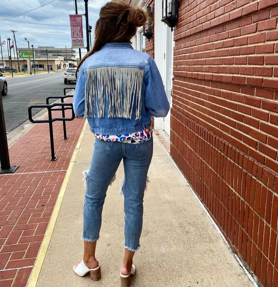 The Pink Leopard Denim Fringe Jacket 1 The Pink Leopard Denim Fringe Jacket