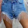 The Pink Leopard Denim Shorts BLING BLING Fringe - DENIM