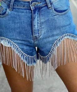 The Pink Leopard Denim Shorts BLING BLING Fringe - DENIM