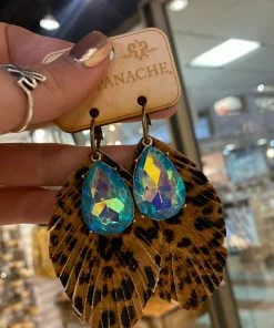 The Pink Leopard Pink Panache - Leopard/Blue Stone Feather Earrings