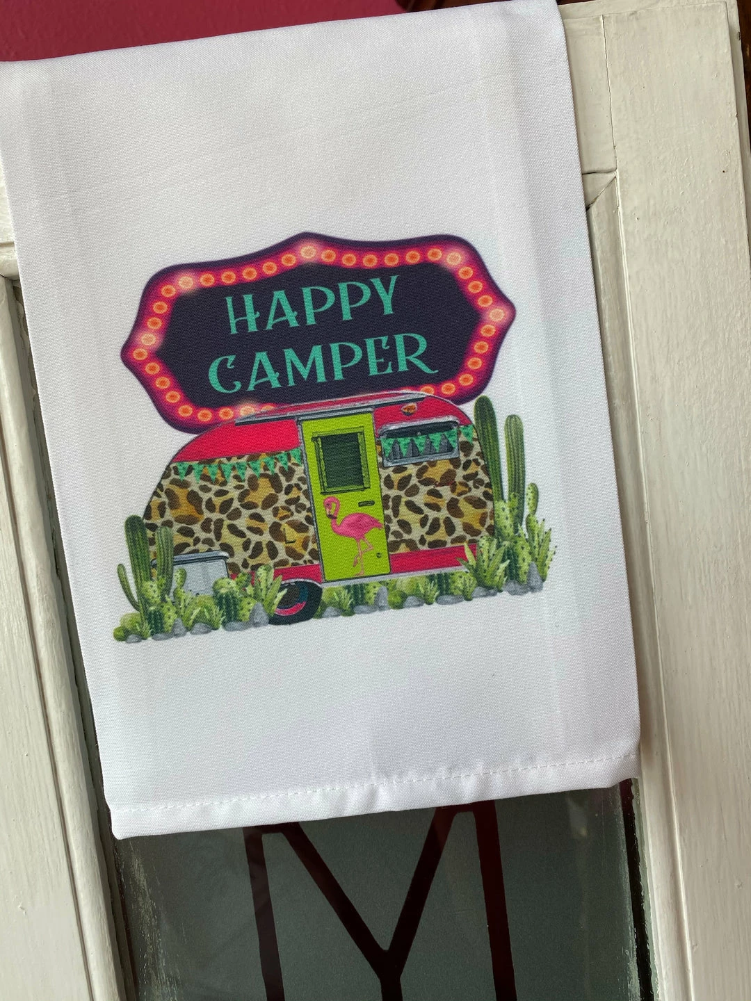 The Pink Leopard Happy Camper- Kitchen Towel New Arrivals 1 The Pink Leopard Happy Camper- Kitchen Towel New Arrivals